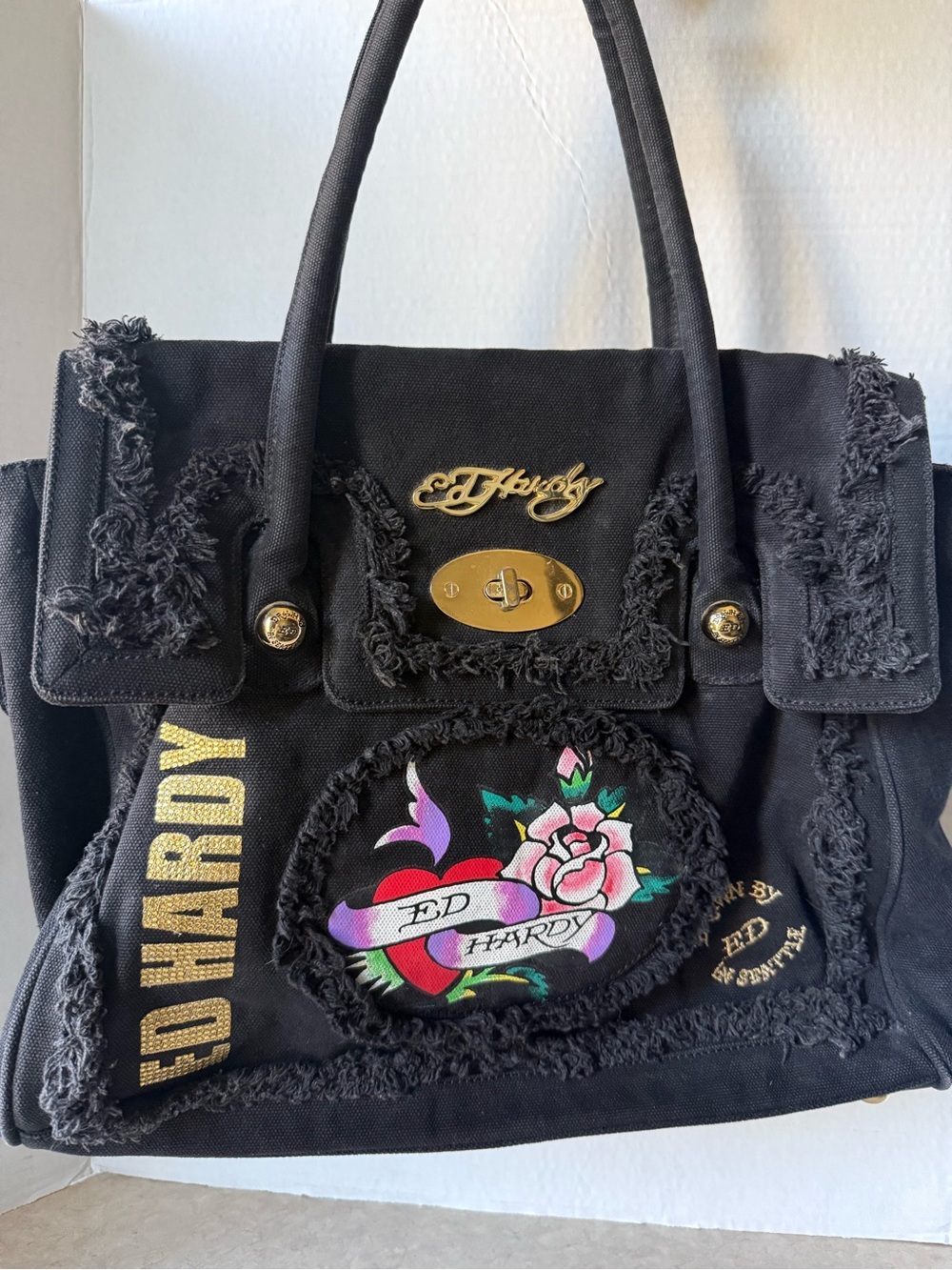 Vintage Y2K Ed Hardy Black Canvas Floral Logo Tote Bag